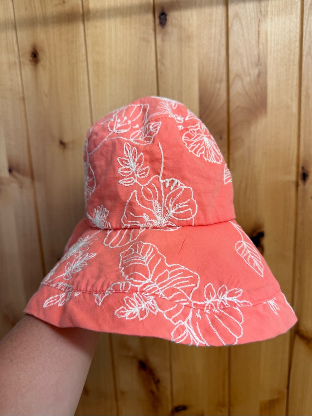 Panama Jack Coral Bucket Hat with White Floral Embroidery